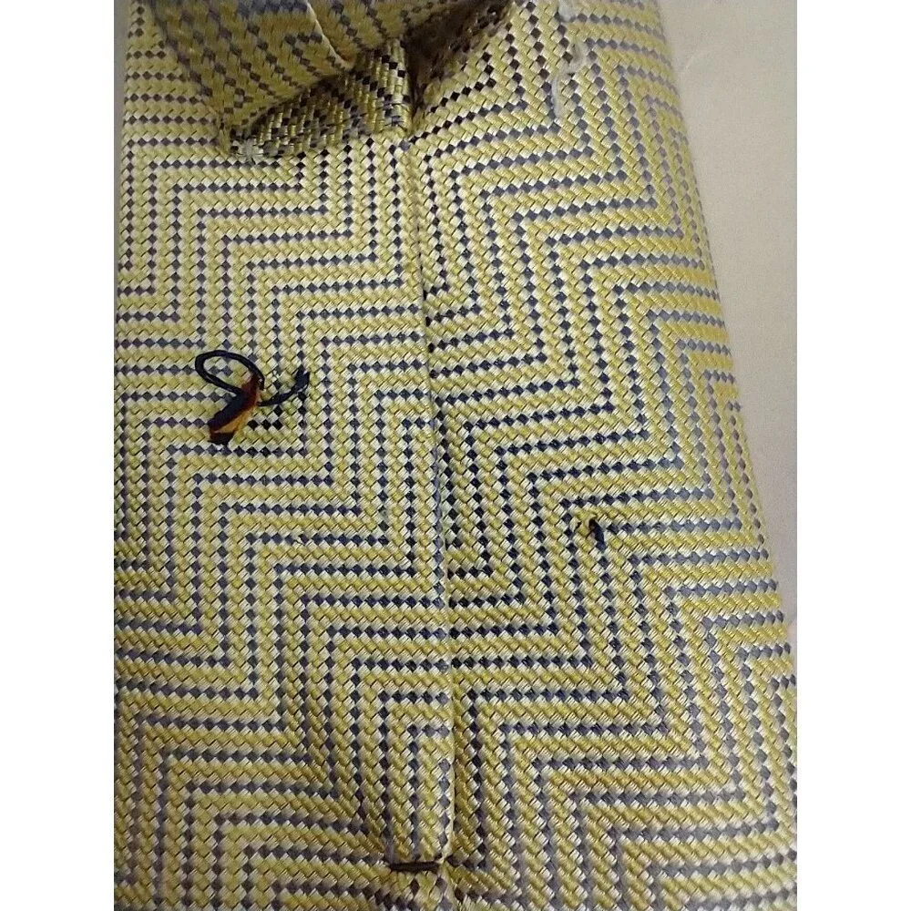 HENRY‎ JACOBSON Blue Yellow Textured Vintage 100% SILK TIE Jacquard